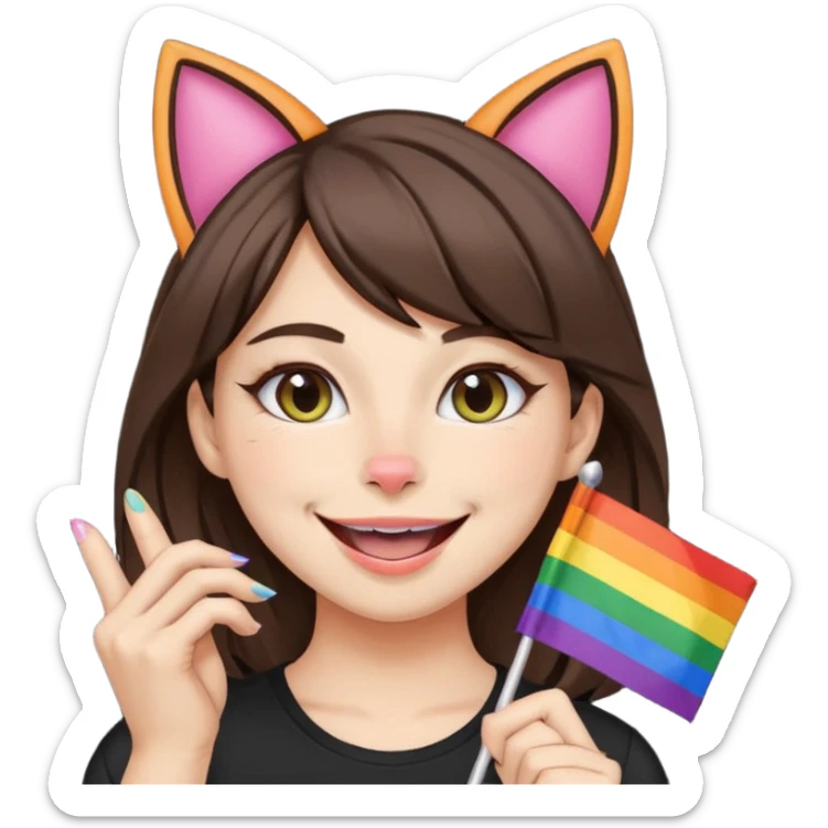 brunette girl with cat ears and doing cat pose with gay flag in mouth sticker