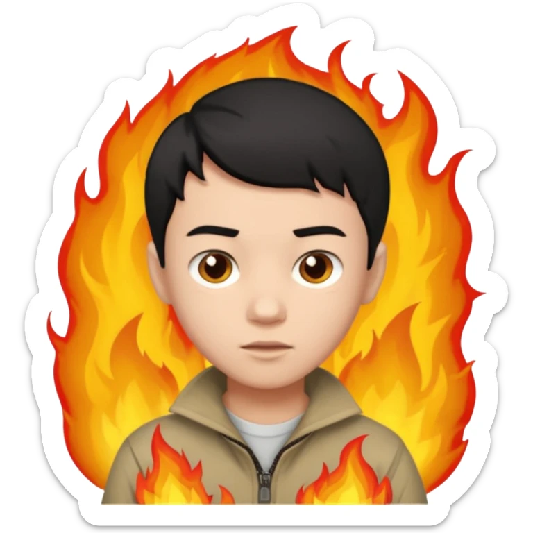 An Emoji of boy with short black hair, who can be described by three words: risk-taker, fire, realist sticker