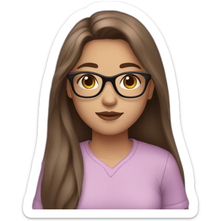 a teenager with brown  long hair black glasses feminine face big light pink lips purple shirt sticker
