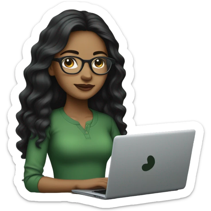 Light brown-skinned girl with long, wavy black hair, with clear glasses wearing a black laptop, wearing a green shirt. sticker