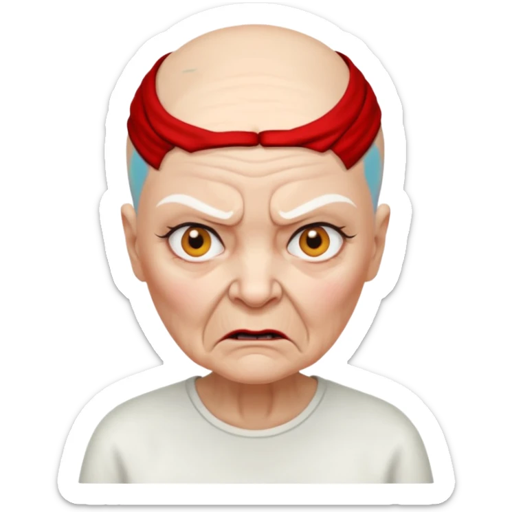 a portrait of angry elderly woman, bald head, wearing shirt sticker