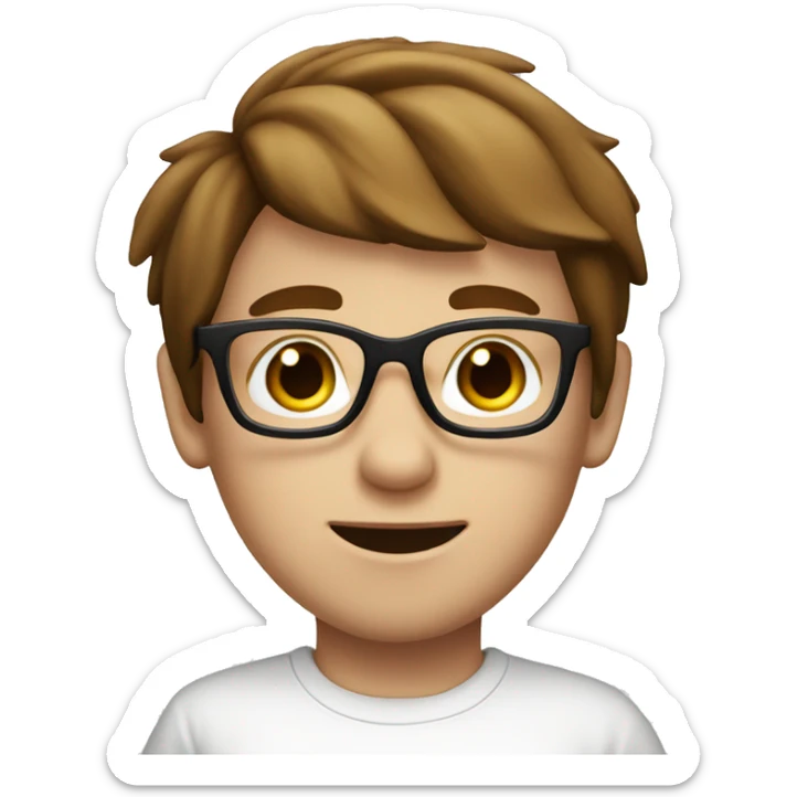 boy with white skin and brown hair wea glasses , white t-shirt sticker