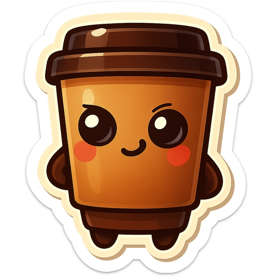 Tall coffee cup, mischievous eyes, thinking sticker