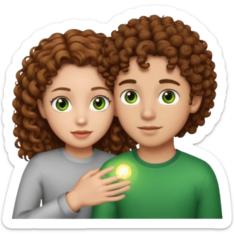 Boy and a girl holding each other one boy with brown curly hair and green eyes with light skin and girl with brown hair with curly hair and hazel eyes and light skin sticker