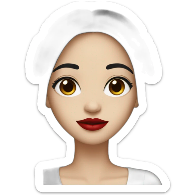 long straight black hair, red lipstick, black eyes, white skin and a small nose sticker