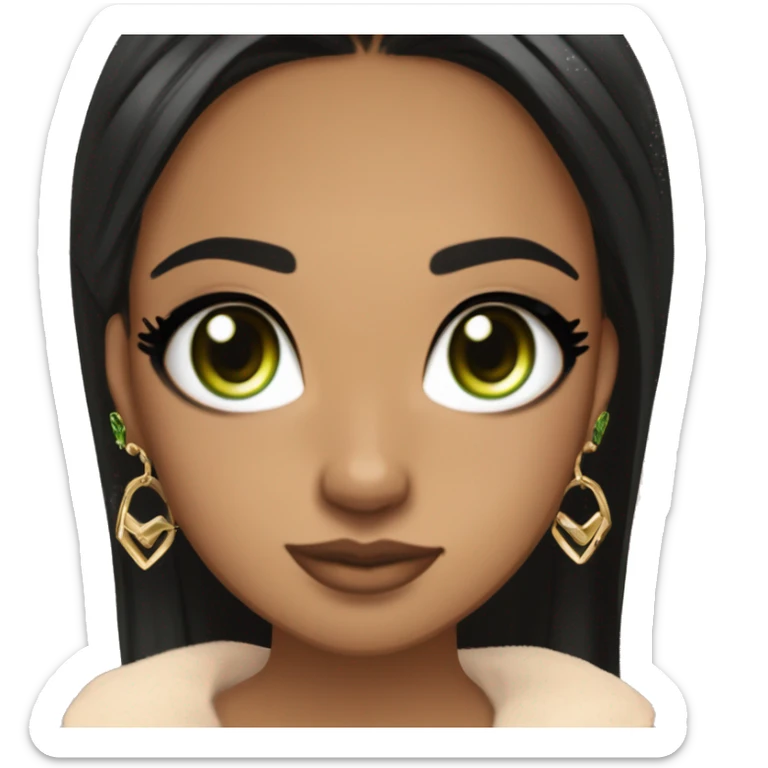 Glamorous, streetwear, black hair, long straight hair, olive skin, green almond eyes, winged eyeliner with big lashes, wearing hooped earrings, rings and bracelets, almond fake nails sticker