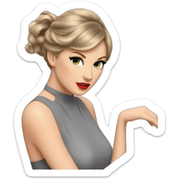 Taylor swift with a gray dress, atacher hair in ponytail in front of a piano sticker