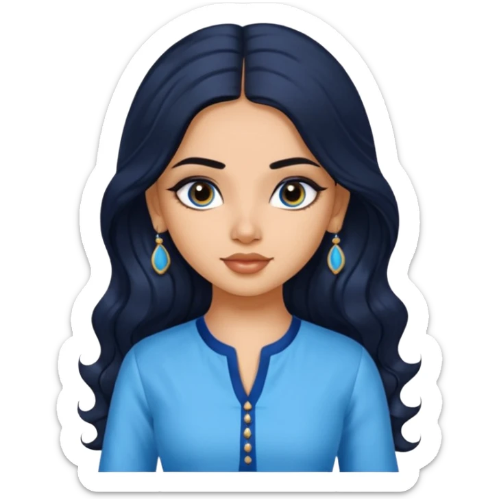 a pretty indian bratz girl with wavy long black hair. wearing a blue kurti, eyeliner on, indian auto behind her sticker