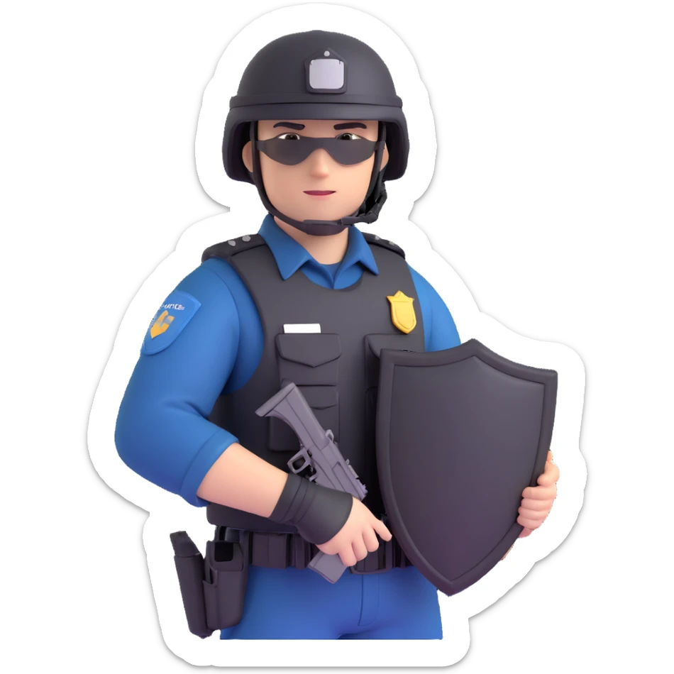 Polis özel harekat, tactical police officer in black uniform, helmet, and tactical gear, holding a shield, Turkish police special operations style sticker