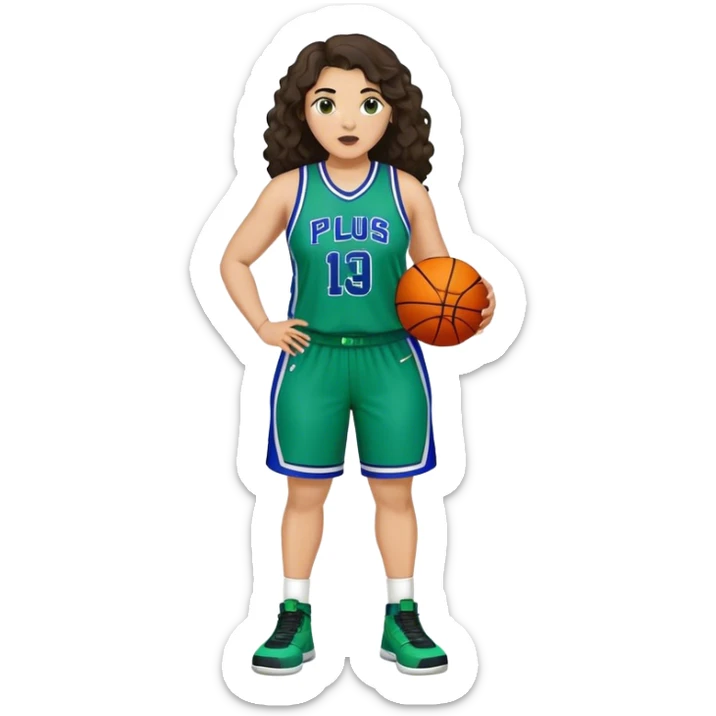 full body plus size light skin latino women basketball player with wavy dark hair large wide nose wearing blue with green uniform sticker