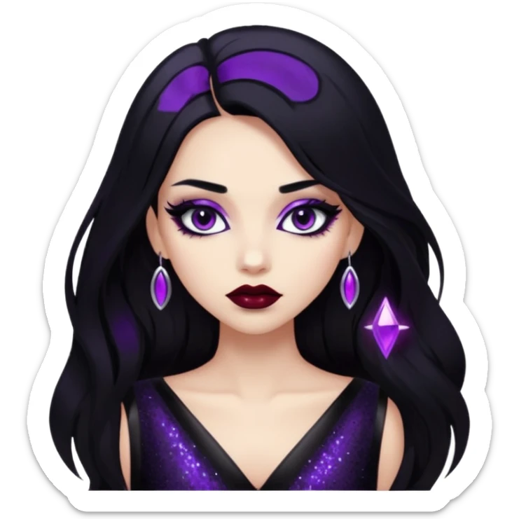 girl with long black hair, shiny black night dress with glitter, purple makeup, dark red lipstick, edgy and mysterious sticker