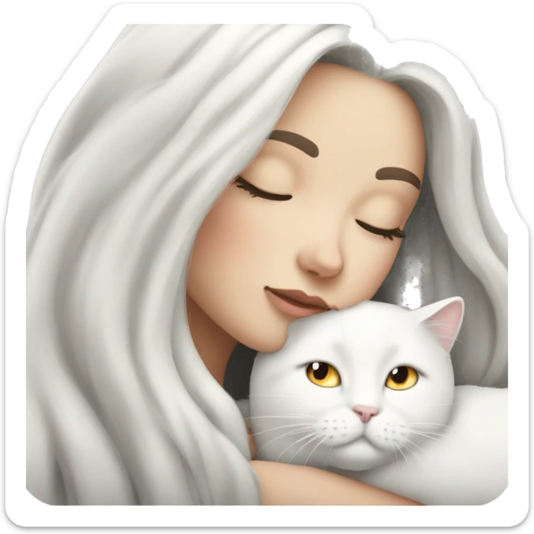 A pretty white girl with very long black hair and sleeping curled up to a white cat  sticker