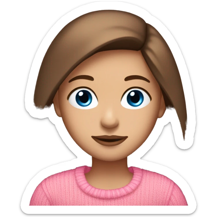 Long straight brown haired girl, blue eyes, long eyelashes, big lips, tanned skin, pink jumper sticker