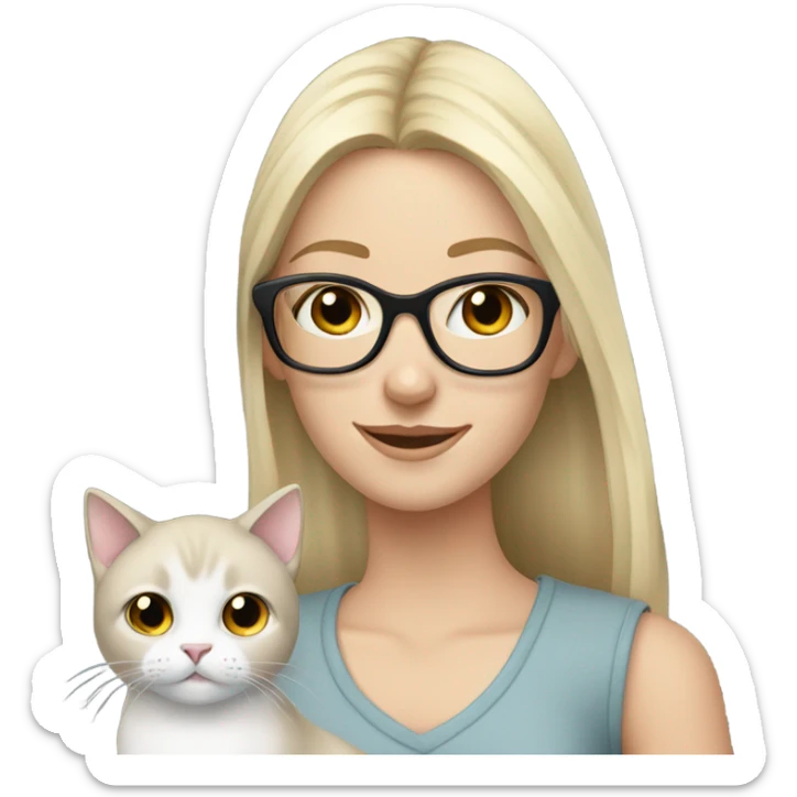 Pretty blonde girl holding her white and gray cat the girls is wearing glasses sticker