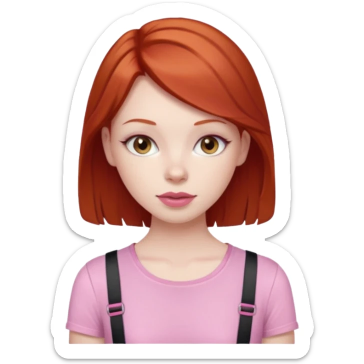Redhead girl with deep brown eyes, pale skin with light red lips wearing a pink strap shirt sticker