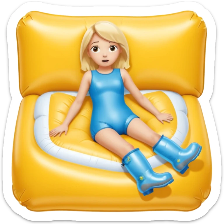 chica rubia con cara de miedo con unas botas de presoterapia gigantes inflables tirada en una cama amarilla sticker