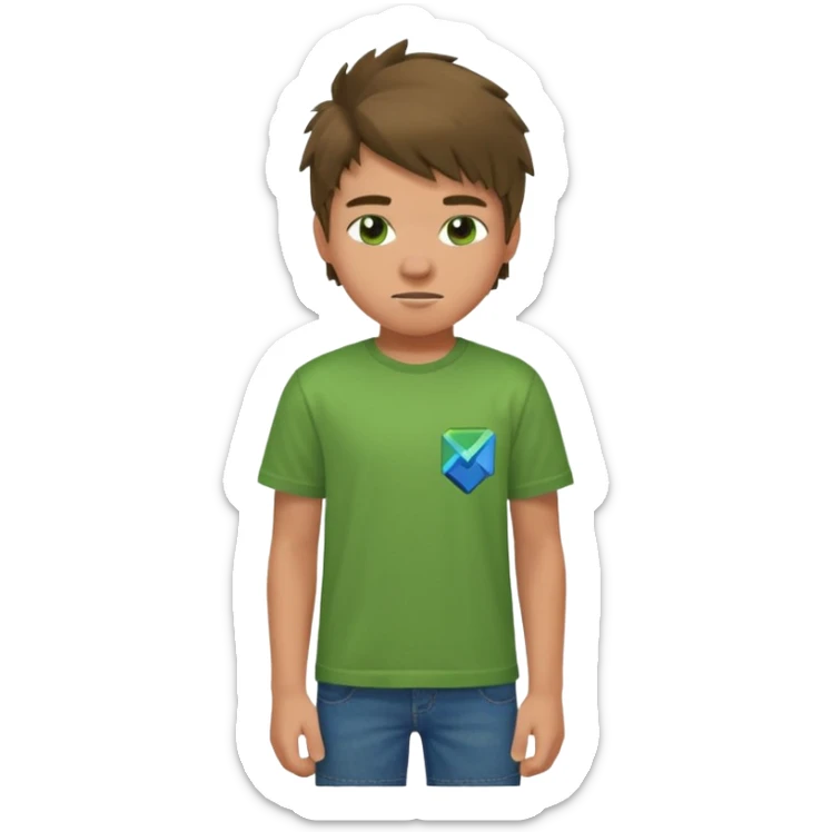 A 14 yerar old teenage boy, slightly tanned, wearing a green minecrcaft tshirt, blue jeans and green sneakers with brown tousled hair, smirking sticker