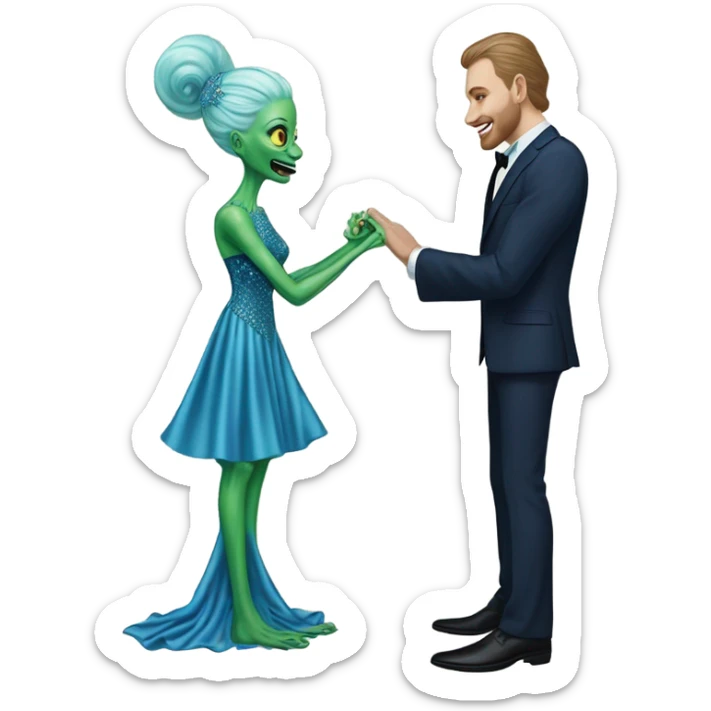 alien reptilian green skin woman, in long slim pastel blue formal party satin dress with gradient shiny sparkling navy blue diamonds embroidered , and caucasian man in black dres on his knees asks her to marry her sticker