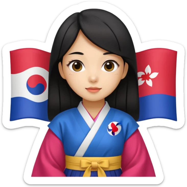 black hair girl with colorful hanbok holding south korea flag with white background sticker