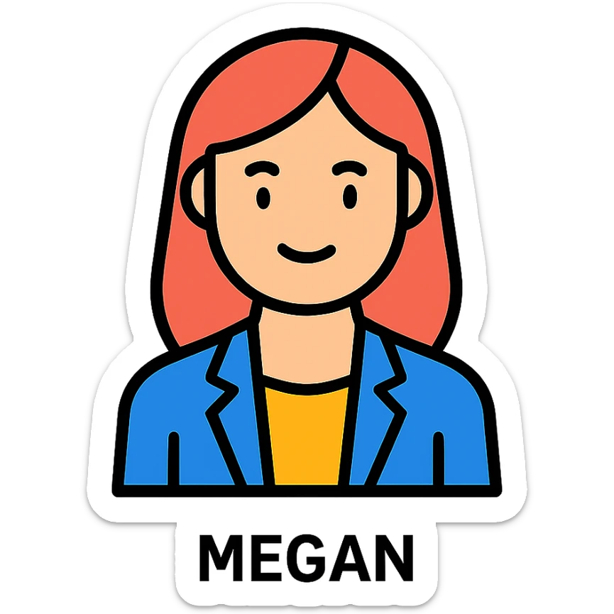 icon of a woman named Megan, stylized with subtle color accents, clear silhouette, professional yet warm sticker