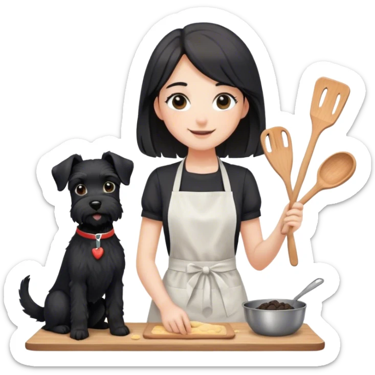 pale smiling girl baking with long back hair wearing black long shirt wearing apron holding black  schnauzer sticker