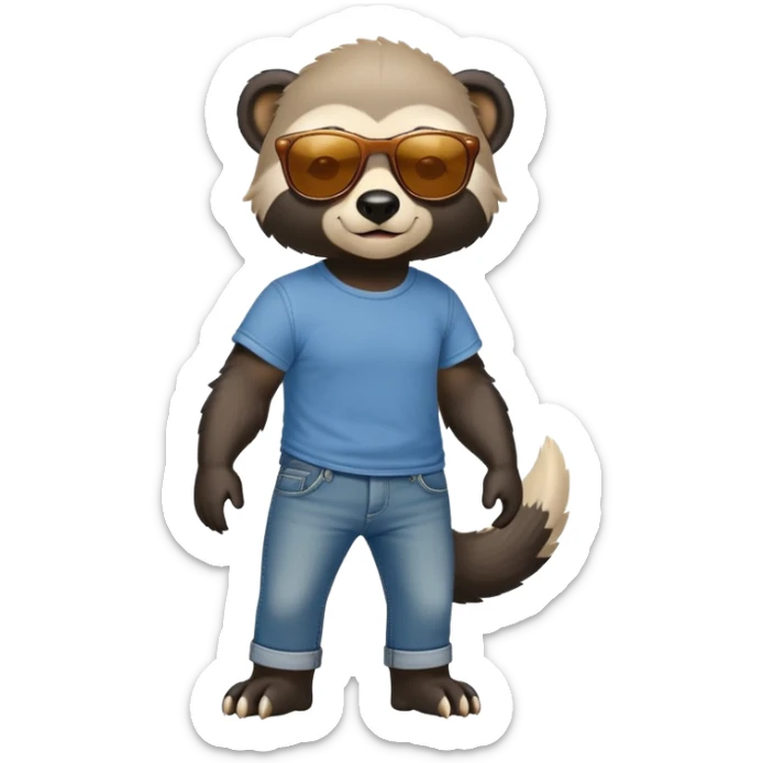 friendly anthropomorphised honey badger in jeans and a t-shirt, wearing sunglasses, walking upright, relaxed pose sticker