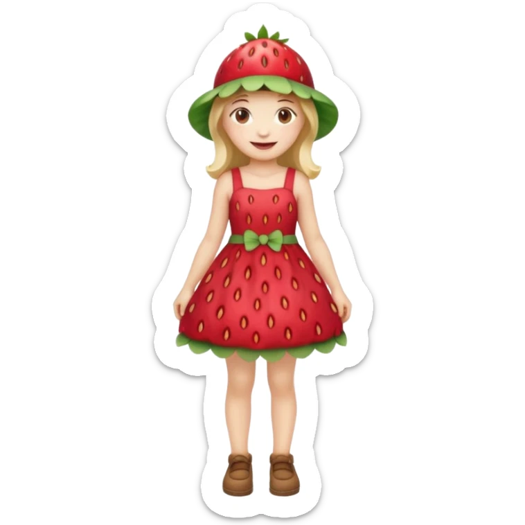 Strawberry shortcake human girl full body and legs with a strawberry hat on her head and dress without a cake sticker