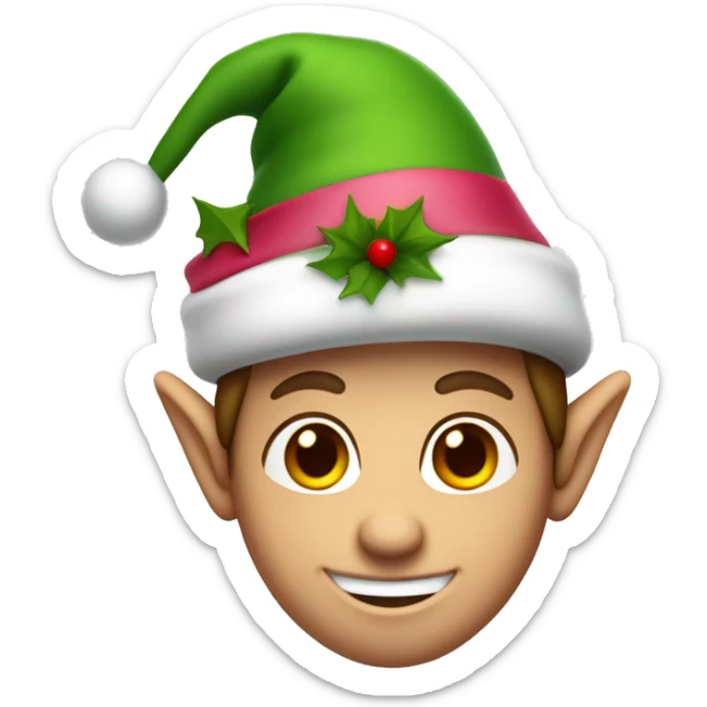 Christmas elf with a green hat, white skin, rose-colored nose, and a big smile. Only the head and hat. Hair is brown. sticker