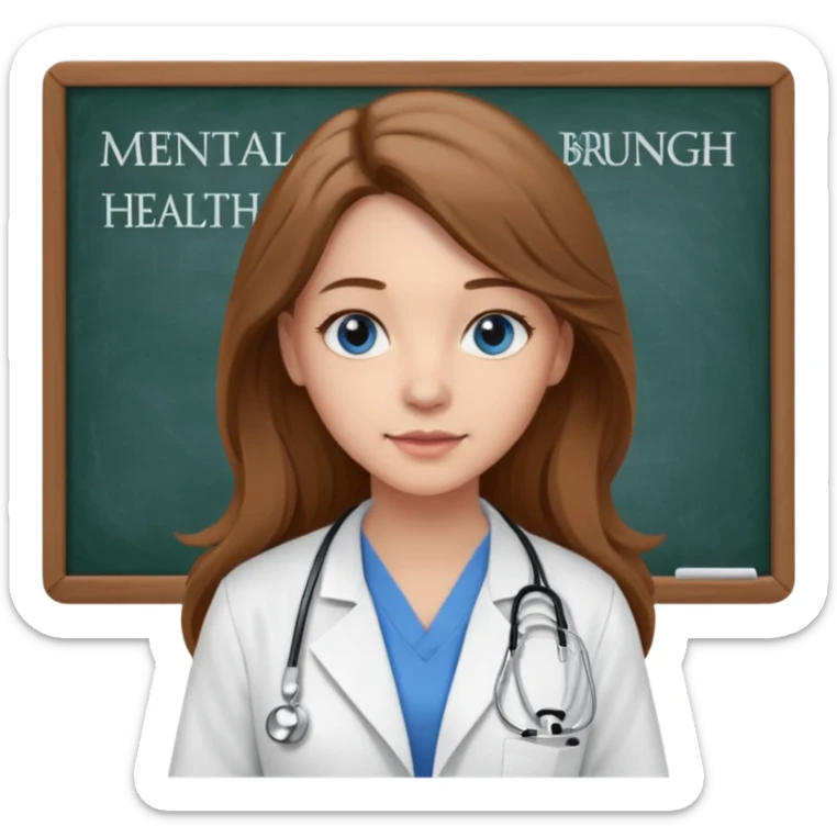 university classroom that says Mental Health Nursing on the blackboard with a pretty female nursing student with long brown hair, blue eyes sticker