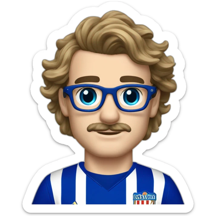 antoine griezmann cheveux bouclé lunette fine et moustache yeux bleu sticker