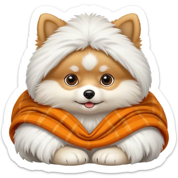 white and orange Pomeranian on top of a folded white fluffy blanket with blanket on its head sticker