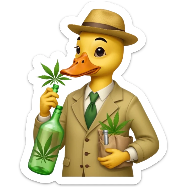 Drunk and high duck animal holding weed bottle and a bag of weed. Looking sloshed sticker