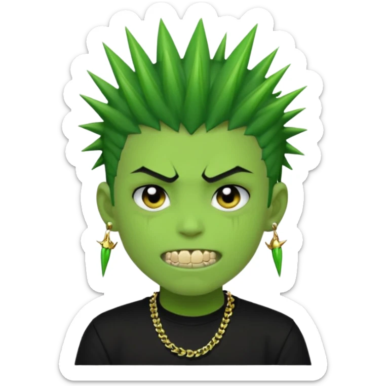green zombie boy with spiky black emo hair and a black shirt with piercings and gold grilzz  sticker