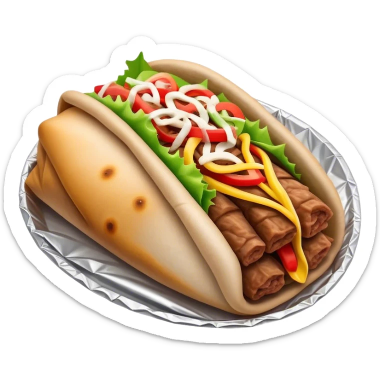 Doner Kebab Cinematic Realistic Doner Kebab Dish Emoji, depicted as iconic, spiced meat wrapped in foil and paper, rendered with lifelike textures and dynamic, appetizing lighting. sticker