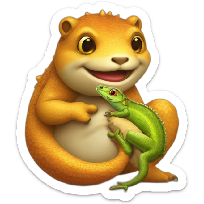 Lezard qui embrasse un ours avec un cœur au dessus de leur baiser  sticker