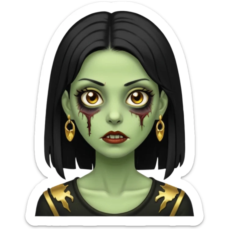 Faça uma zombie mulher bonita verde com olhos castanhos cabelos pretos liso com estilo y2k e ouro sticker