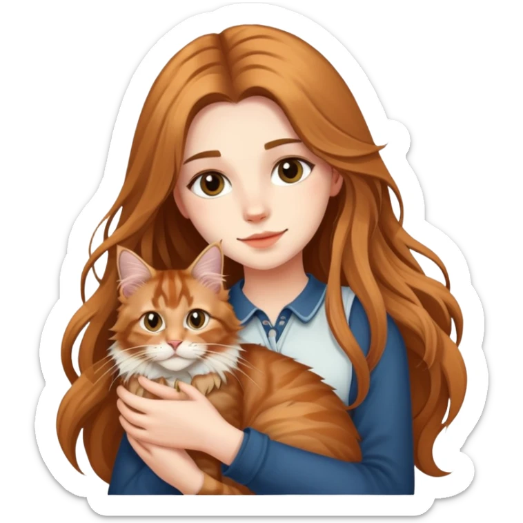 A beautiful girl with fair skin and long hair is holding a Maine Coon cat sticker