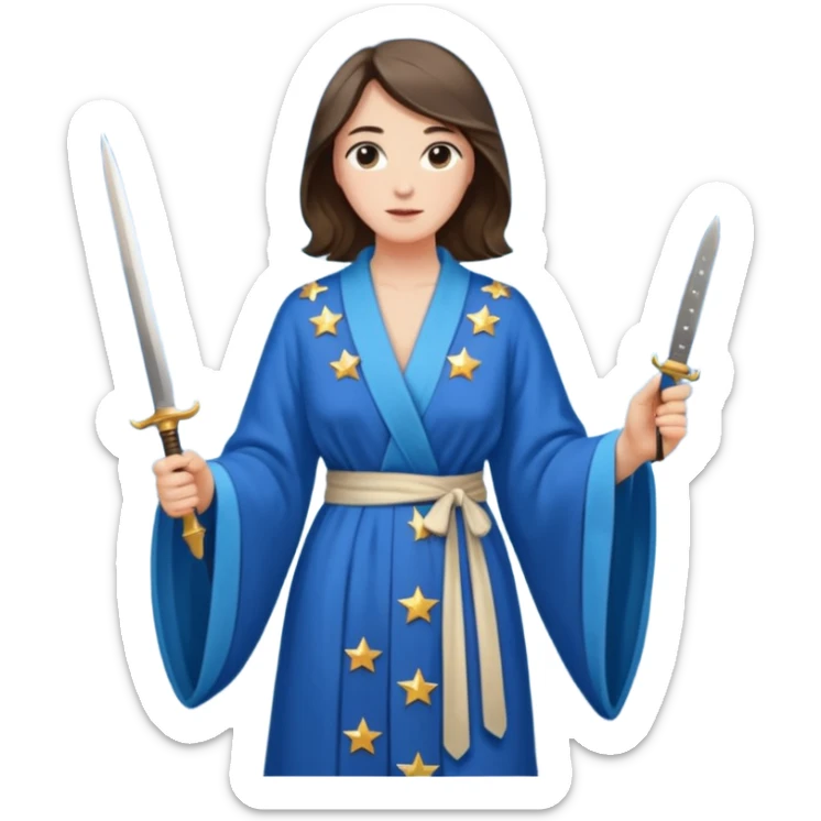 An upright Europe (a tall woman), wearing a blue, flowing robe with stars on the hem, and behind her stands Chancellor Merz, holding a knife toward her back sticker