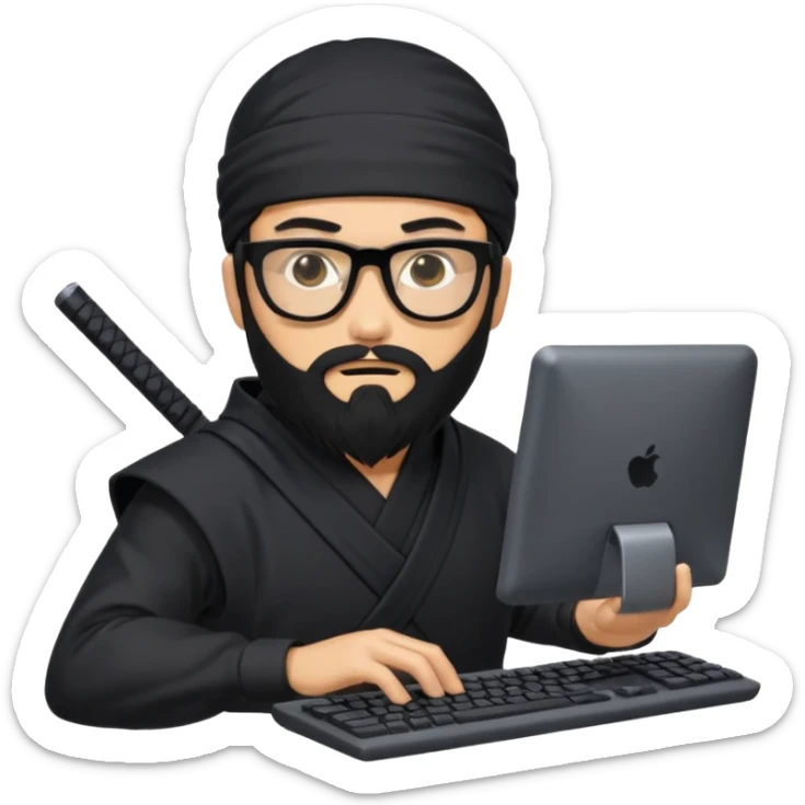 Man with black hair and beard wearing glasses in a ninja costume. Keep the top left version, make the beard longer and replace the sword on his back with a computer keyboard  sticker