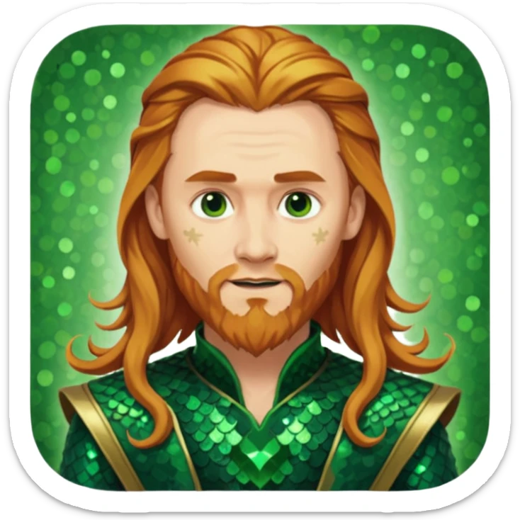 Loki, God of Mischief with long reddish blonde hair and beard, dark green sequin outfit sticker