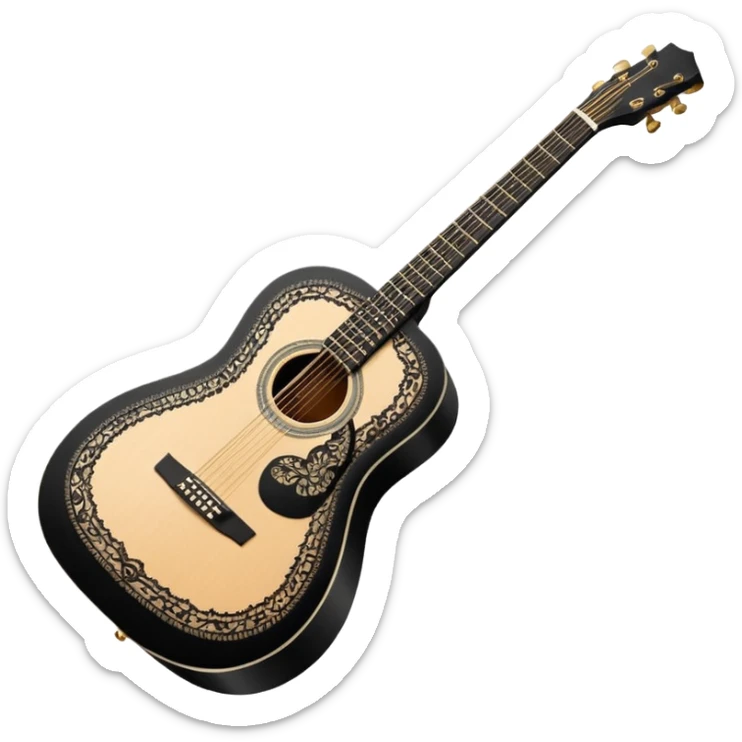 acoustic sunrise guitar with black lacy-details and engraved small black music notes sticker