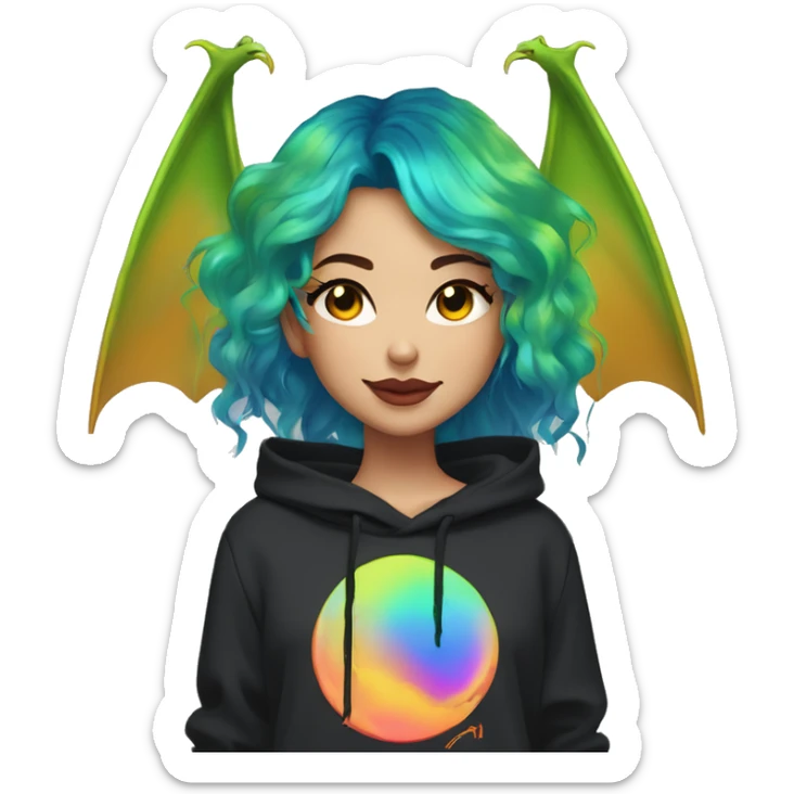 Lady with brunette and iridescent blue hair, gold, lime green dragon wings, black hoodie, oilslick holographic, black and gold Nike t shirt, and bright red eyes sticker