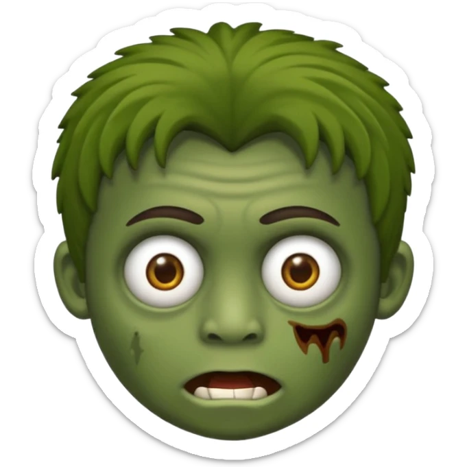 quero um emoji de um menino com pele de zumbi cabelo castanho claro e de franja, olhos menores boca fechada pele verde faça os machucados na cara inteira  sticker