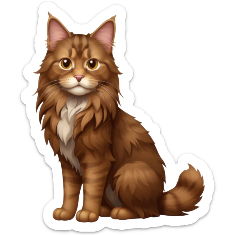 A high-resolution photo-realistic digital illustration of a brown maine coon cat, full body sticker