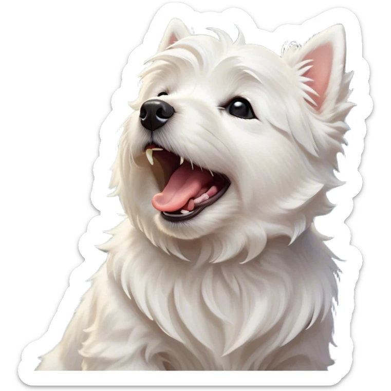 Cinematic Cute Yawning West Highland White Terrier Portrait Emoji, Head tilted slightly with a dramatic, wide-open yawn, showcasing a soft, fluffy white coat with floppy ears slightly drooping and round dark eyes barely open in drowsy contentment, Simplified yet irresistibly adorable features, highly detailed, glowing with a soft, cozy glow, high shine, relaxed yet expressive, stylized with a touch of whimsy, bright and endearing, soft glowing outline, capturing the essence of a sleepy yet affectionate companion, so drowsy it feels like it could stretch out of the screen and curl up for a nap! sticker