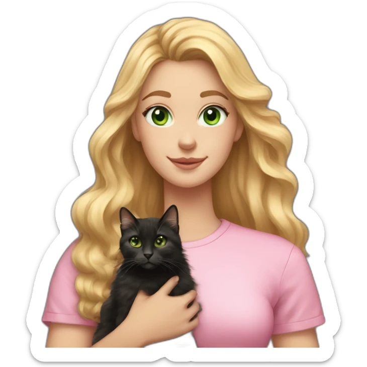 woman with green eyes and long wavy blonde hair in a pink shirt is holding a very fluffy and fat black and tortoiseshell cat sticker