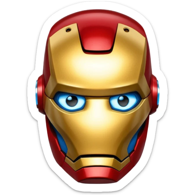 Iron Man helmet emoji, red and gold metallic, blue glowing eyes, clean and bold, simplified, expressive, popular emoji style sticker