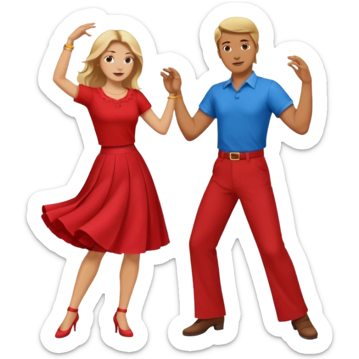 Two people dancing. Man in red shirt and  red pants with brown hair. Women in blue shirt and long skirt with blond hair. Dancing. sticker