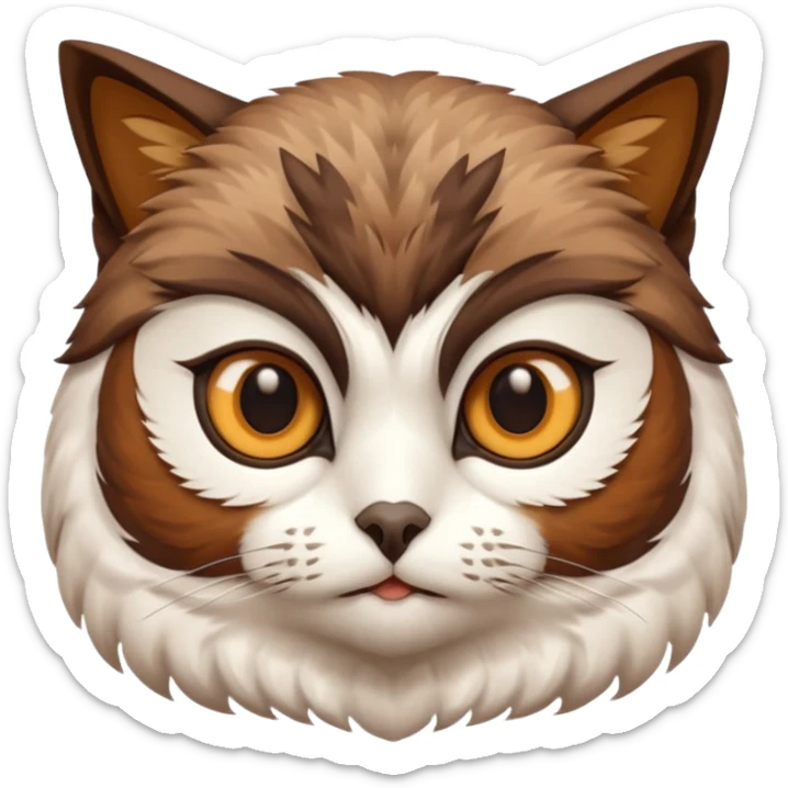 An cats head with a brown on top of the head of the cat the cats head infused with an white owls body with brown wings sticker