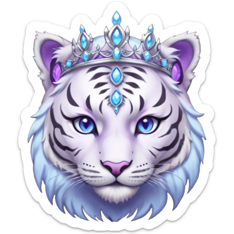 ESO Female white/black tiger khajiit leader of the umbral rose, glowing blue eyes, glowing blue 'third eye' gem; purple gemmed silver tiara sticker